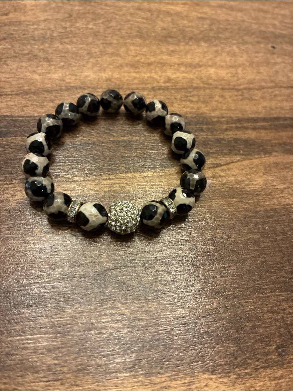 Black and Cream Beaded Stretch Bracelet with Pavé Accent